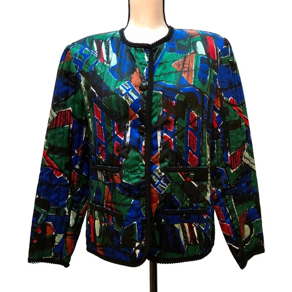 Howard Wolf Jackets & Blazers - Howard‎ Wolf Jacket Women's 6 Black Green Colorful Bold Abstract Silky VNTG 80s